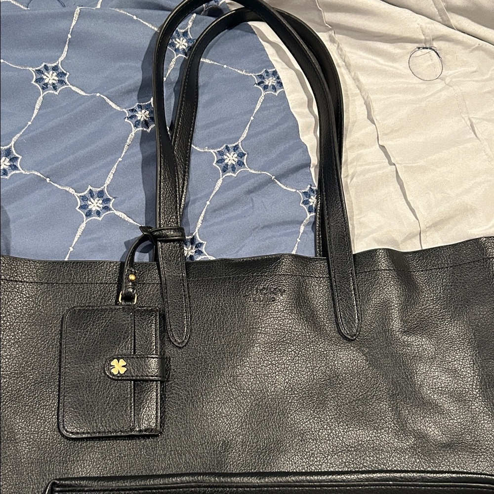 Classic Black Leather Tote Bag with ID Charm